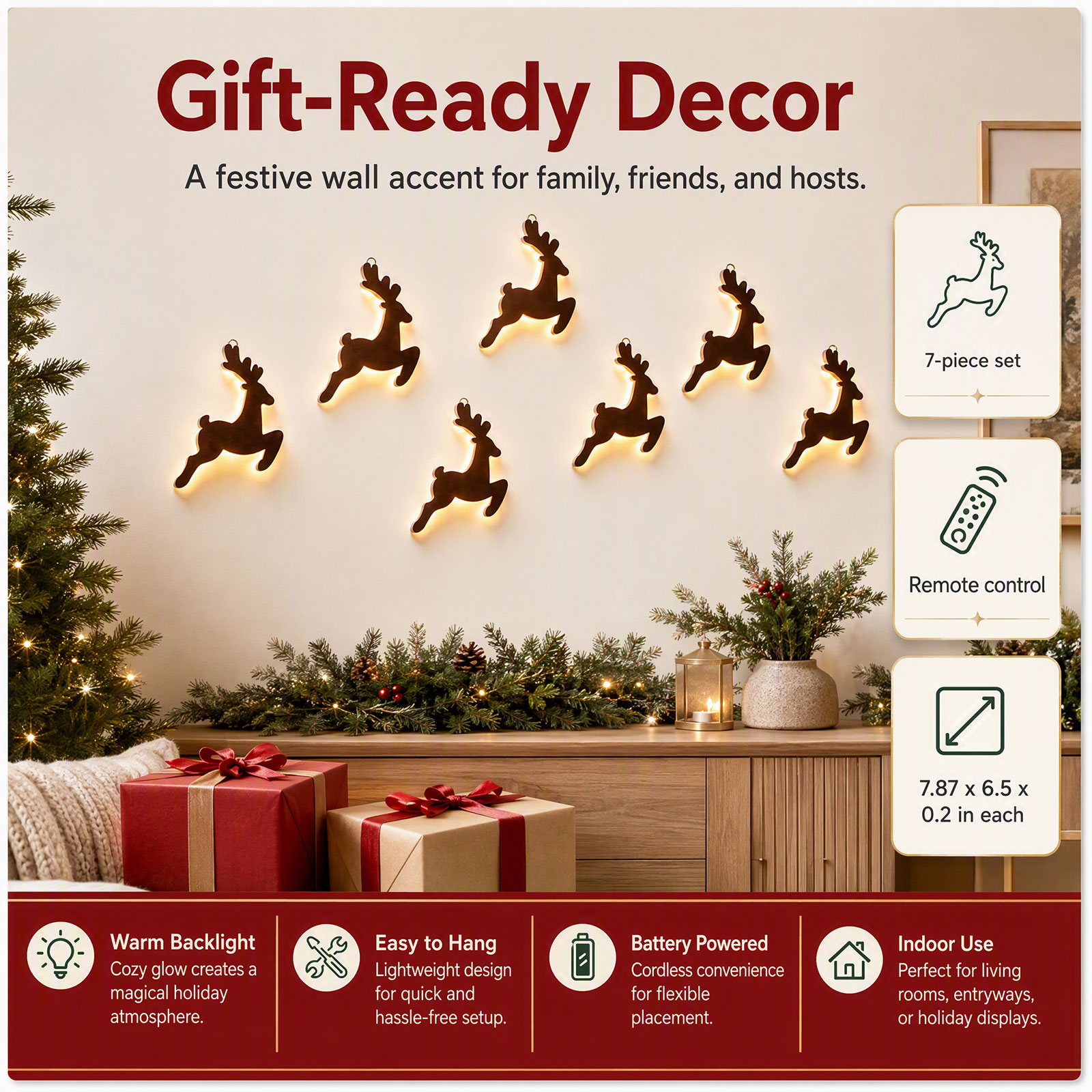 Lighting Christmas Decor - 7PCS LED Wooden Reindeer Wall Decor